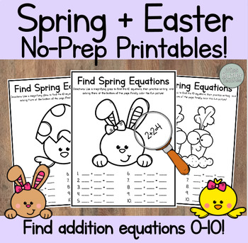 Preview of Kindergarten NO-PREP Spring + Easter Worksheets! Addition Math Center