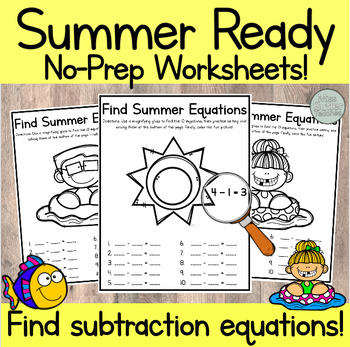 Kindergarten NO-PREP Summer Worksheets! Subtraction Math Center | TPT