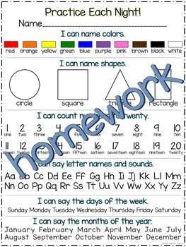 Preview of Kindergarten Nightly Homework Take Home Folder Basic Review Sheet Kinder TEKS