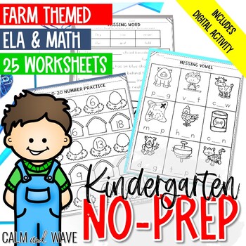 Preview of Kindergarten No-Prep ELA and Math Worksheets - Farm Themed