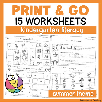 Preview of Kindergarten No Prep Literacy Worksheets - Summer Theme