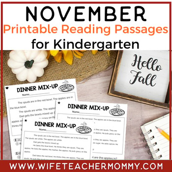 Preview of Kindergarten November Reading Passages Printable Version