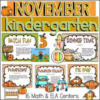 Preview of Kindergarten November Thanksgiving Fall Math & Literacy ELA Centers Task Cards
