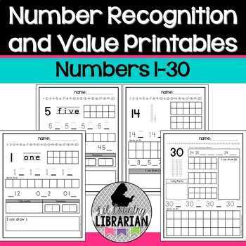 Preview of Kindergarten Number Recognition and Value Printables 1 to 30 Worksheets
