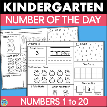 Preview of Kindergarten Math Number of the Day Worksheets Counting Numbers 1 to 20