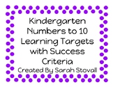 Kindergarten Numbers to 10 Learning Targets with Success Criteria