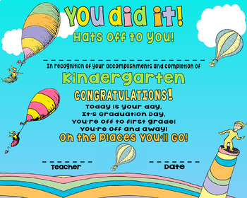 Preview of Kindergarten Oh The Places You Will Go Graduation Certificate, Digital Download