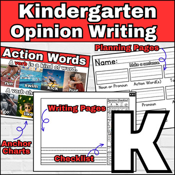 Preview of Kindergarten Opinion Writing Handwriting Pages Stories & Booklets Rubrics Charts