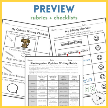 Kindergarten Opinion Writing Resources | Editing + Revising Checklist ...