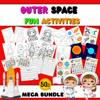 Preview of June Kindergarten NO PREP Outer Space Themed Worksheets & Activities BUNDLE
