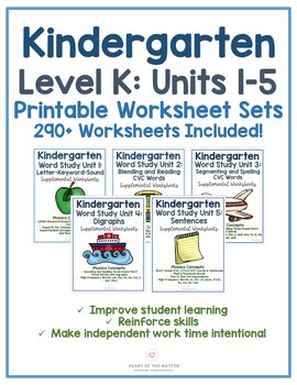 Preview of Kindergarten Phonics (Level K), Units 1-5 Supplemental Worksheets- 290+!