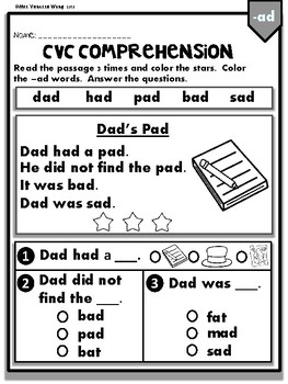 phonics worksheets cvc comprehension early readers