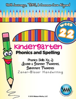Preview of Kindergarten Phonics and Spelling Zaner-Bloser Week 22 (X, J) {TEKS-aligned}