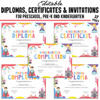 Preview of Kindergarten, Pre-K, Preschool Graduation Invitations, Diplomas, Certificates