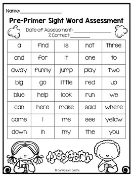 kindergarten pre primer sight words popcorn word printables game