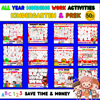 Preview of Full Year Kindergarten NO PREP Morning Work BUNDLE: 100+ Activities & Worksheets