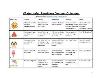 Preview of Kindergarten Readiness Summer Calendar