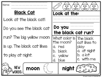 kindergarten reading comprehension passages halloween tpt