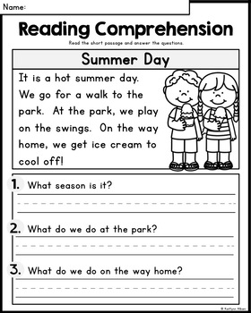 kindergarten reading comprehension passages summer by kaitlynn albani