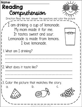 kindergarten reading comprehension passages summer by winnie kids