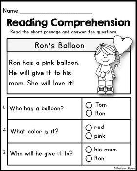 Kindergarten Reading Comprehension Passages - Valentine's Freebie