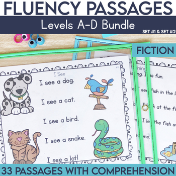 Preview of Kindergarten Reading Fluency Passages Bundle with Comprehension | Level A-D