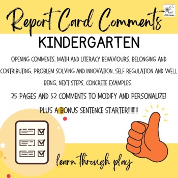 Preview of Kindergarten Report Card Comments, Ontario FDK Curriculum, 4 Pillars