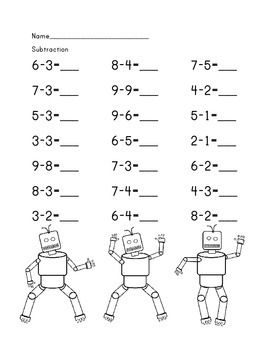 kindergarten robot subtraction worksheet by marty davis tpt