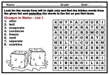 5 kindergarten science matter vocabulary word search worksheets