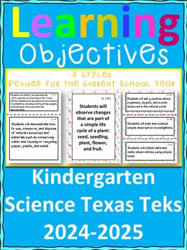 Preview of Kindergarten Science TEKS  Learning Objective Cards/ Posters (3) Color/ B&W
