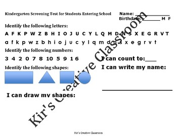 Preview of Kindergarten Screening for Registration or Entering School