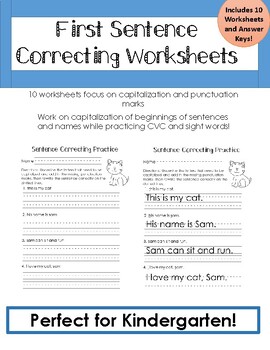 Preview of Kindergarten Sentence Correcting Worksheets: Capitalization and Punctuation