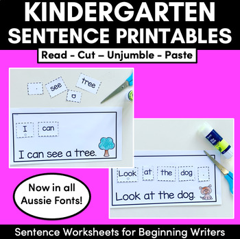 Preview of Kindergarten Sentence Worksheets - Set 2 READ, CUT, UNJUMBLE, PASTE - Print & Go