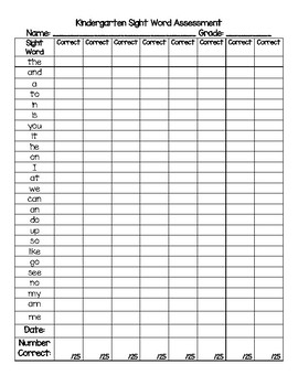 Preview of Kindergarten Sight Word Assessment