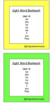 Preview of Kindergarten Sight Word Bookmarks (By Units)