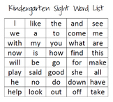 Kindergarten Sight Word List
