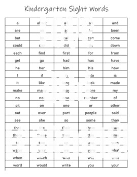 Preview of Kindergarten Sight Word List Full