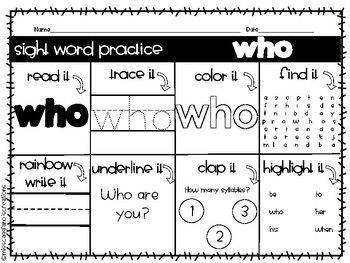 sight word who worksheet