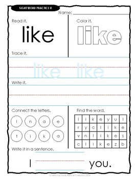 Kindergarten Sight Word Practice Worksheets II by Souly Natural Creations