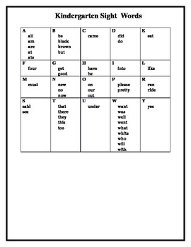 Preview of Kindergarten Sight Word Reference Card Homework Helper
