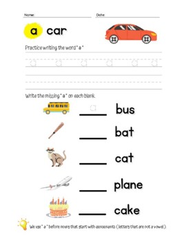 Preview of Kindergarten Sight Word Series - Article ( A ) Tracing / Practice