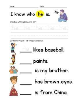 Preview of Kindergarten Sight Word Series - Pronoun ( He ) Tracing / Practice (ESL)
