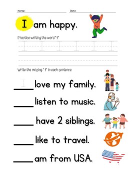 Preview of Kindergarten Sight Word Series - Pronoun ( I ) Tracing / Practice (ESL)