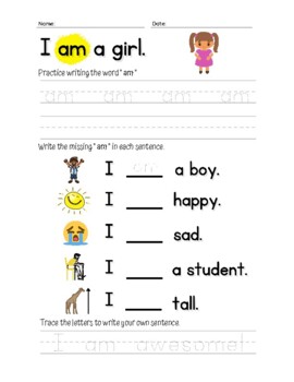 Preview of Kindergarten Sight Word Series - Verb " Am " Tracing / Practice