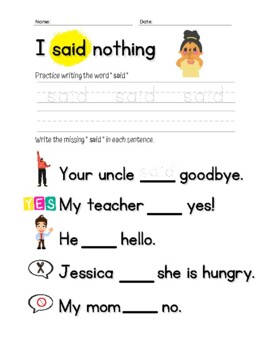 Preview of Kindergarten Sight Word Series - Verb ( Said ) Tracing / Practice (ESL)