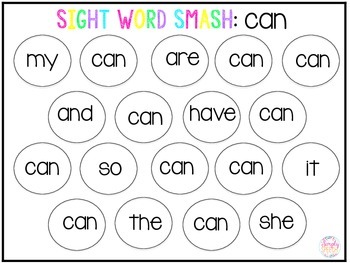 Kindergarten Sight Word Smash Mats by Simply Speech | TpT
