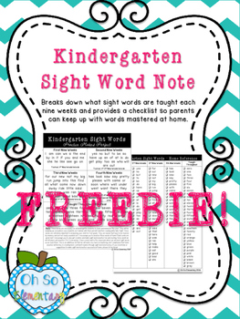 Kindergarten Sight Words Folder Note + Checklist