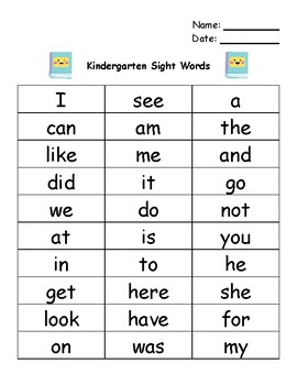 ohio kindergarten sight word list
