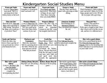 Preview of Kindergarten Social Studies Menu!