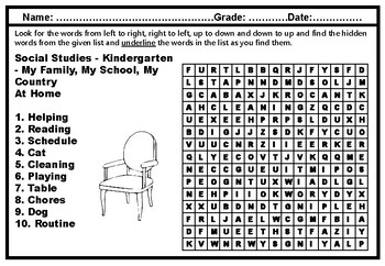 kindergarten social studies word search worksheets vocabulary sub plans